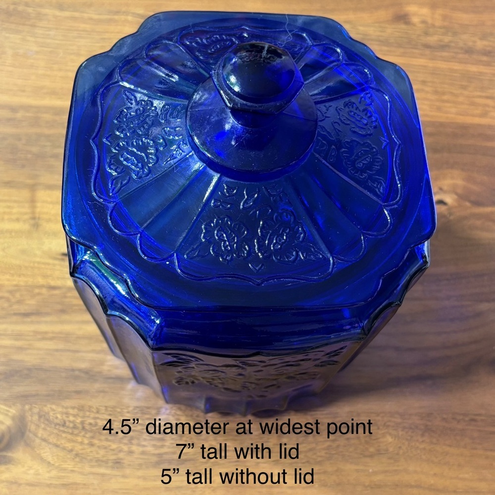 Vintage cobalt glass Mayfair / Open Rose cookie jar with lid, reproduction - Picture 10 of 10